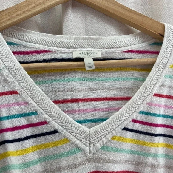 Talbots Striped V Neck Sweater Colorful‎ Button Sleeve Womens Medium lightweight - Picture 3 of 5